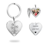PHOCKSIN Custom Texts Photo Locket Key chain for Women Silver Heart Locket Keychain Personalised Birthflower Lockets with Customised Lockets Gifts for Women