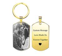 PHOCKSIN Personalised Dog Tag Keyring Engraving Text/Black & White Picture Stainless Steel Gold Tag key ring Custom Image Memorial Gifts for Men Women