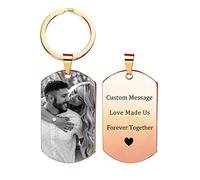 PHOCKSIN Personalised Photo Dog Tag Keyring, Customised Text Stainless Steel Key ring Rose Gold Tag with Black&White Picture for Men & Women