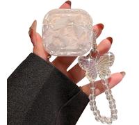 PHOEACC Compatible for AirPods 4 Case Cute Elegant Bow Design with Glitter Butterfly Strap SKeychain Shell Pearl Shockproof TPU Protective Cover for Girls Women (4th - White Bowknot)