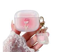 PHOEACC Cute Airpod Gen 3 Case (NOT Fit Airpod Pro) Romantic Rose Flower with Keychain Clear Frosted Protective Cover Compatible with AirPods 3rd Generation Case for Girls Women (Rose Pink)