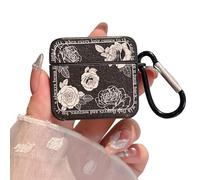 PHOEACC for AirPod 4 Case for Women Girls Cute Retro Flower Design with Keychain PU Leather Squre Shockproof Protective Cover Compatible with AirPods 4th Gen Case (Retro Rose Black)