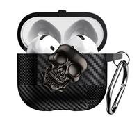 PHOEACC for AirPod 4 Case with Lock for Men with Buckle Keychain Fashion Cool Skull Carbon Shockproof Protective Cover Compatible with AirPods 4th Gen Case - Black Skull