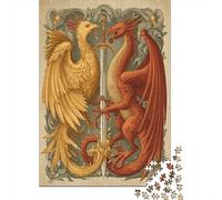 Phoenix And Dragon Fighting for The Same Sword Jigsaw Puzzles for Adults And Kids. 1000 Pieces Medieval Illustration Whimsical Challenge Toy Educational Game Home Decor 38x26cm/1000pcs