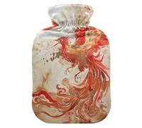 Phoenix Bird Chinese Ink Painting Red Gold hot Bottle Water Bag with Soft Cover, 2L Warm Water Bottle for Bed for Tummy Warmer, Neck Shoulder Warmer, Bolsa Caliente para Dolores musculares