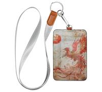 Phoenix Bird Chinese Ink Painting Red Gold Leather Badge Holder Vertical with Lanyard and 3-Card Capacity Name Card Holder for Office School IDs,Hotel Key Cards, Pass Cards