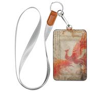 Phoenix Bird Chinese Ink Painting Red Gold Leather id Badge Holder with Lanyard and 3-Card Capacity id Card Holders for Staffs Officers Students Doctors Employees