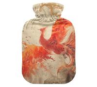 Phoenix Bird Chinese Ink Painting Red Gold Water Bottle for hot Water with Soft Cover, 2L Water Bags for Tummy Warmer, Arthritis, Bolsa de calor para Dolor Menstrual