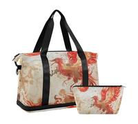Phoenix Bird Chinese Ink Painting Red Gold Weekender Bag with Wet Pocket Adjustable Strap Sports Tote Gym Bag for Yoga Multifunctional for Men Women