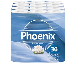 Phoenix Brand Soft Luxury Toilet Rolls, Bulk Buy, Quilted White 3 Ply Toilet Paper (36)