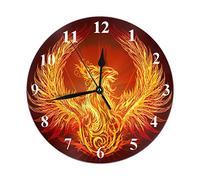 Phoenix Clock The Secular Bird of Wonder Phoenix in Fire Round Wall Clock 10 Inch Silent Non Ticking Hanging Clock for Home Decor Living Room Kitchen Bedroom Office Orange Red
