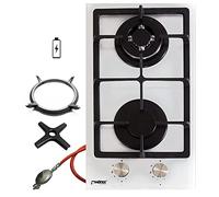 Phoenix Domino Gas Hob Built-In Hob White Self-Sufficient Glass Gas Cooker 2 Burner Propane/Natural Gas Camping Stove with Gas Hose Regulator Set
