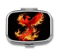 Phoenix Flame pilldispenser with Mirror 2 Compartments Waterproof PillCase for Purse Pocket Non-Slip Grip Travel Medicine Organizer Container Box for Vitamin Fish Oil Supplement