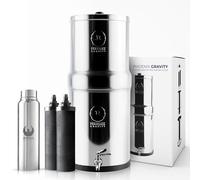 PHOENIX GRAVITY 12-Litre Stainless Steel Gravity Water Filter NSF Certified AISI 304 Countertop Water Filter System with 2 Smart (Black) Carbon Cartridges, Free Water Tap No Power Or Plumbing Required