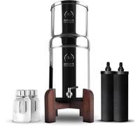 PHOENIX GRAVITY 6 L Stainless Steel Gravity Water Filter |NSF/ANSI 42 & 372 Certified | AISI 304 | 2 Smart Carbon Cartridges, 2 POSTreat Fluoride Removal Cartridges, Teak Wood Stand Included