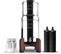 PHOENIX GRAVITY 6 Litre NSF Certified AISI 304 Stainless Steel Water Filter with 2 Smart Carbon Cartridges, 2 POSTreat Fluoride Removal Filter Cartridges, Stainless Steel Tap & Teak Wood Stand