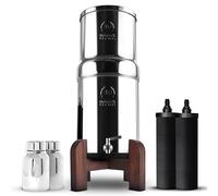 PHOENIX GRAVITY 8 Litre AISI 304 Stainless Steel Water Filter with NSF/ANSI 42 & 372 Certified 2 Smart Carbon (Black) Filters, 2 POSTreat Steel Fluoride Removal Elements, Teak Wood Stand