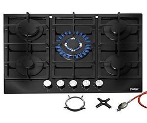 Phönix PG-901T Built-in Gas Hob Glass Gas Cooker 5 Hobs Self-Standing (Free-Standing / Built-In Gas Hob) Including Gas Hose Regulator Set for Propane Gas Bottles