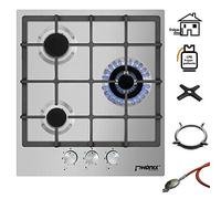 Phönix PS-450T Built-In Gas Hob Stainless Steel Gas Cooker 3 Hobs Propane/Natural Gas Including Gas Hose Regulator Set for Propane Gas Bottles + Cast Wok Attachment + Cooker Cross
