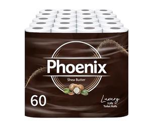 Phoenix Toilet Rolls - 60 Pack | 3 Ply Shea Butter Scented Toilet Paper | Bulk Buy, Soft, Quilted, Sustainably Sourced, Eco- Friendly Luxury Bathroom Tissue