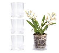 Phoenix Vine 3.5 Inch Clear Acrylic Planter Pot with Tray, Orchid Pot with Drainage Holes, Deep Saucer for Bottom Watering, Transparent Containers for Indoor Plants, Herbs, Set of 4, 91-A-D-4