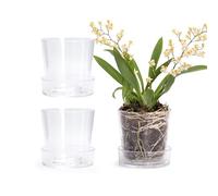 Phoenix Vine 3.5 Inch Clear Acrylic Planter Pot with Tray, Orchid Pot with Drainage Holes, Deep Saucer for Bottom Watering, Transparent Containers for Indoor Plants, Herbs, Set of 3, 91-A-D-3