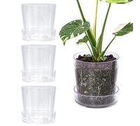 Phoenix Vine 6.5 Inch Clear Acrylic Planter Pot with Tray, Orchid Pot with Drainage Holes, Deep Saucer for Bottom Watering, Transparent Containers for Indoor Plants, Herbs, Set of 4, 91-A-F-4