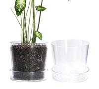 Phoenix Vine 8 Inch Clear Acrylic Planter Pot with Tray, Orchid Pot with Drainage Holes, Deep Saucer for Bottom Watering, Transparent Containers for Indoor Plants, Herbs, Set of 2, 91-A-G-2