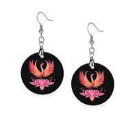 Phoenixes Rising Lotuses Wooden Earrings Round Dangle Earrings for Travel Party
