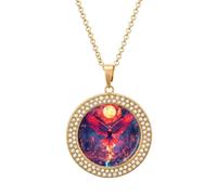 Phoenixs Burning Doomsday Sun Fashion Necklace Chain Round Graphic Pendant with Diamond Jewellery Golden-style