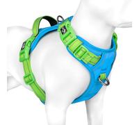 PHOEPET Dog Harness No Pull, Escape Proof Adjustable Vest, Reflective Choke Free Harness with Easy Control Handle for Small Medium Large Dogs Walking and Training(Blue Base & Green Straps,XL)