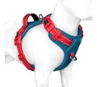 PHOEPET No Pull Dog Harness, Unique Colors Reflective Adjustable Dog Vest, with Soft Training Handle Metal Clips for Small Medium Large Dogs (Teal Base & Red Straps,L)