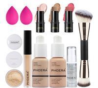 PHOERA Foundation, 3 PCS Contour Makeup Kit, Shades With Highlighter, Blush and Bronzer for Sculpting Cheeks (102+103+ Fair-Light Contour/Nude + Warm Peach+#03,#09,#12)