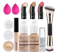 PHOERA Foundation, 3 PCS Contour Makeup Kit With Highlighter, Blush and Bronzer Stick for Sculpting Cheeks (102+104+ Fair-Light Contour/Nude+Buff Beige+#03,#09,#12)