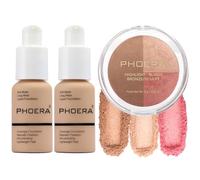 PHOERA Foundation, Contour Palette, Shades With Highlighter & Bronzer & Blush, Up to 24 Hour Fresh Wear Makeup (104+104+ #002 Contour/Buff Beige+Buff Beige+#002)