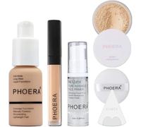Phoera Foundation Full Coverage Makeup Set - Includes Nude 30ml Matte Foundation, Phoera Concealer (Neutral), 6ml Face Primer, Cool Beige Setting Powder & Silicone Blender Sponge for Easy Application