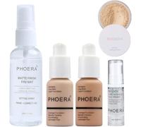 Phoera Foundation Full Coverage Makeup Set - Includes Nude & Buff Beige 30ml Matte Foundation, 6ml Face Primer, Cool Beige Setting Powder & 50ml Setting Spray for Shine-Free Matte Finish