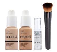Phoera Foundation Full Coverage Makeup Set - Includes Nude & Buff Beige 30ml Matte Foundation, 6ml Face Primer & Liquid Foundation Brush for Easy Application