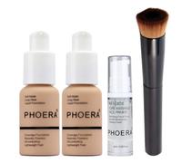 Phoera Foundation Full Coverage Makeup Set - Includes x2 Warm Peach 30ml Matte Foundation, 6ml Face Primer & Liquid Foundation Brush for Easy Application