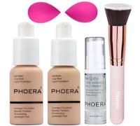 PHOERA Foundation Makeup Set - Matte Liquid Full Coverage Foundation, Primer, Concealer, Kabuki Brushes (103+104/Warm Peach+Buff Beige)