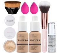 PHOERA Foundation Set, Full Coverage, Kabuki Brushes, 2 Pcs Makeup Sponge (Buff Beige)