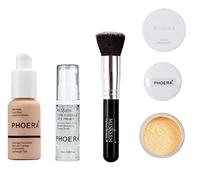Phoera® Full Coverage Foundation, Primer, Setting Powder and MISKEEN Makeup Brush Soft Matte Oil Control Concealer 30ml Long Lasting Flawless Cream Smooth Aquapurity (103 WARM PEACH SET)