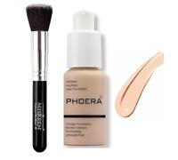 PHOERA Full Coverage Liquid Foundation 30ml for Oily Skin + MISKEEN Kabuki Brush - Soft Matte, Oil Control, Long-Lasting, Waterproof Concealer for Flawless Face & Tattoo Coverage (NUDE)