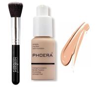 PHOERA Full Coverage Liquid Foundation 30ml for Oily Skin + MISKEEN Kabuki Brush - Soft Matte, Oil Control, Long-Lasting, Waterproof Concealer for Flawless Face & Tattoo Coverage (WARM PEACH)