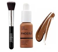 PHOERA Full Coverage Liquid Foundation 30ml for Oily Skin + MISKEEN Kabuki Brush - Soft Matte, Oil Control, Long-Lasting, Waterproof Concealer for Flawless Face & Tattoo Coverage (MOCHA)