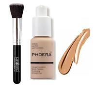 PHOERA Full Coverage Liquid Foundation 30ml for Oily Skin + MISKEEN Kabuki Brush - Soft Matte, Oil Control, Long-Lasting, Waterproof Concealer for Flawless Face & Tattoo Coverage (SAND)