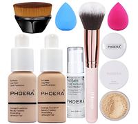PHOERA Makeup Set - Full Coverage Foundation, Kabuki Brushes, Powder, Primer & 2 Pcs Makeup Sponge (102 Nude + 104 Buff Beige)