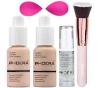 PHOERA Matte Liquide Foundation - Full Coverage, Primer & Concealer - Kabuki Makeup Brushes (Porcelain + Nude)