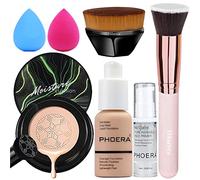 PHOERA Mushroom Head Air Cushion CC Cream - Natural Foundation, Full Coverage, Face Primer & Kabuki Brush (103 Warm Peach + 03 Warm Nude)
