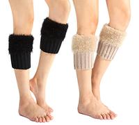 PHOGARY 2 Pairs Winter Warm Boot Cuffs for Women, Crochet Knitted Boot Socks Black and Beige Short Leg Warmers Boot Topper Socks Leg Cuffs Boot Warmers Gift for Girls, Black+Beige